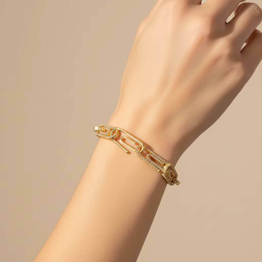 New Hip Hop Bracelet Jewelry Mens Paper Clip Button 10mm Plated 14K Gold Brass Moissanite Bracelet Personalized Couple Jewelry Gift