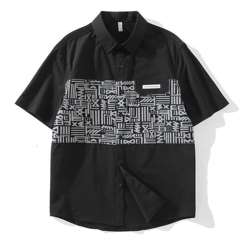 American street style trendy men, short-sleeved, summer 2025 new model, fun patchwork, contrasting colors, simple collared shirt for men