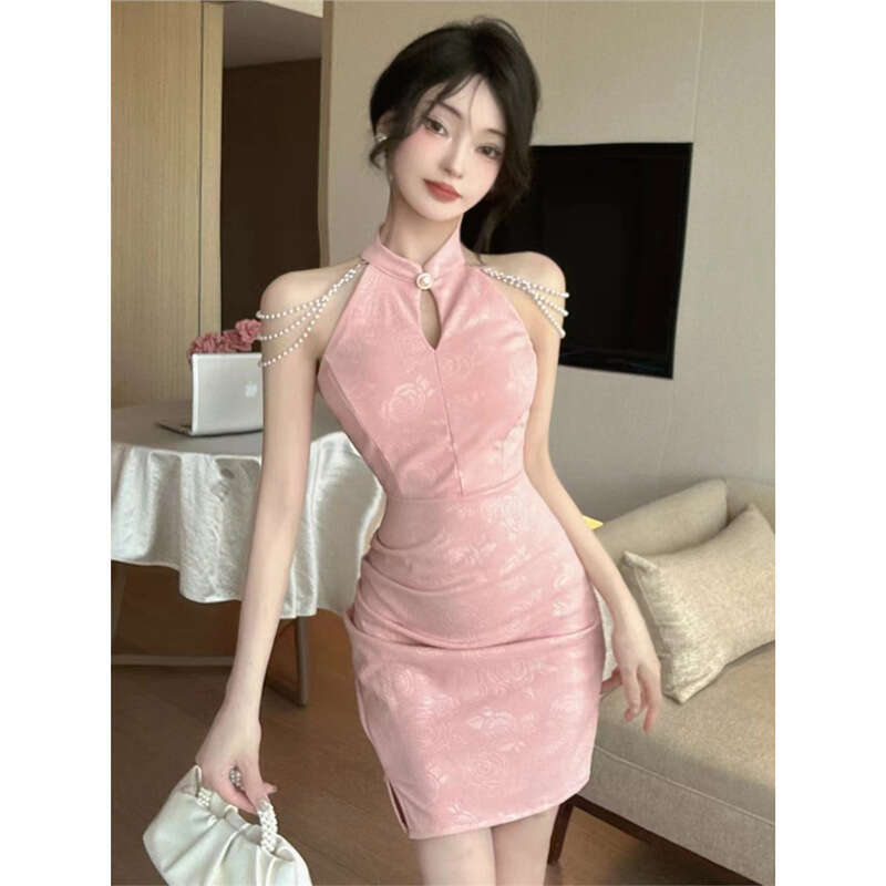 New Chinese-Style Elegant Improved Cheongsam Young Style, Everyday Sleeveless Off-Shoulder Slim-Fit Short Dress, Trendy Qipao Hanfu Silk