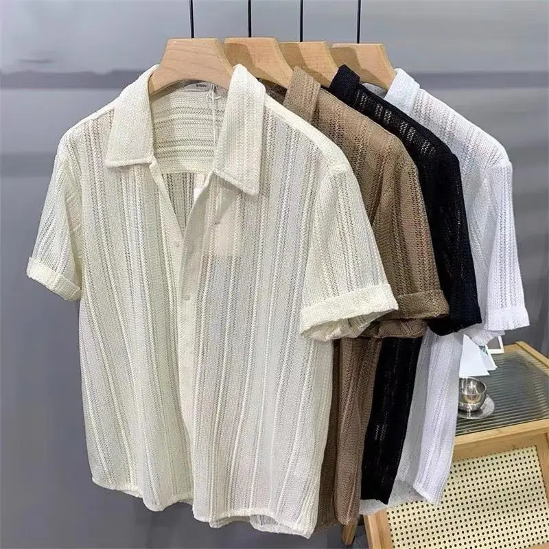 High-End Hollow n Mens Summer Thin Short-Sleeve Shirt - Lapel Casual Top 260327
