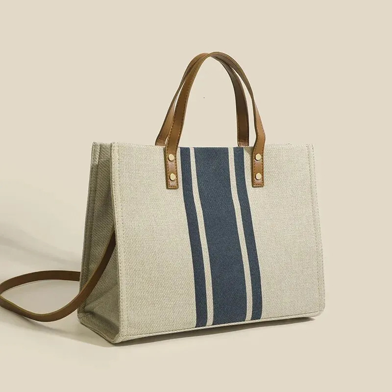 Simple Canvas Stripe Decor Bucket Handbags Women Top Handle Tote Bag Large Capacity Casual Shoulder Crossbody Bags260316