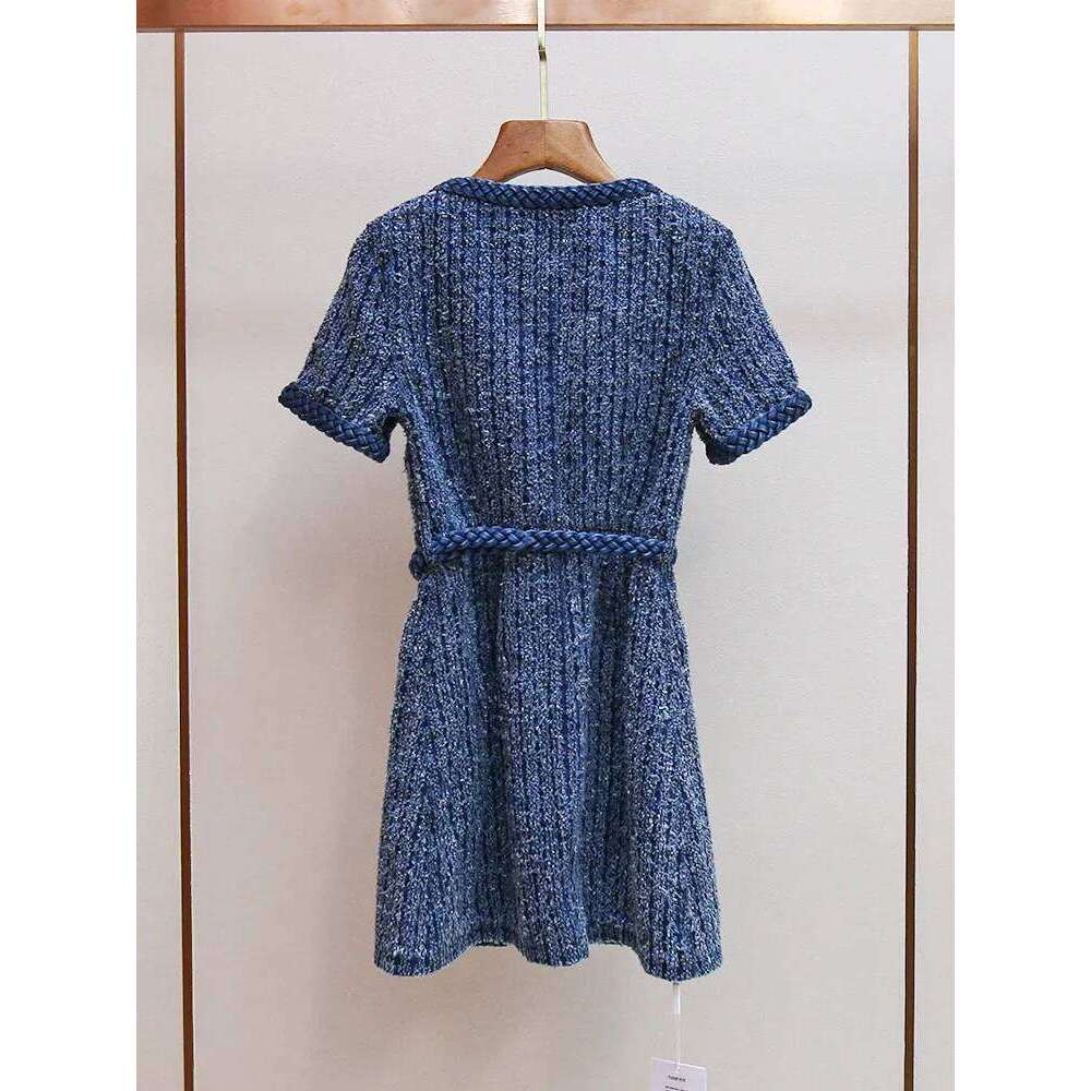 Women's Tweed Square Collar Mini Dress French Slim Fit Braided Rope Trim Ladies Short Sleeve Robe Mdng260330