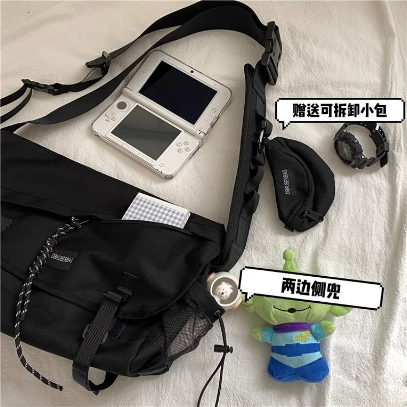 Japanese Harajuku Style Unisex Dark Black Functional Korean Ins Retro Large Capacity Workwear Crossbody Bag