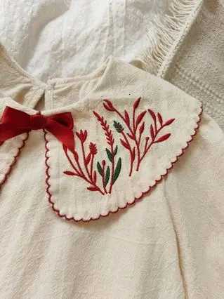 Girls Embroidered Peter Pan Collar Dress French Sweet Bow Loose Forest Pastoral Artistic Dress Spring Autumn Retro DressT260330