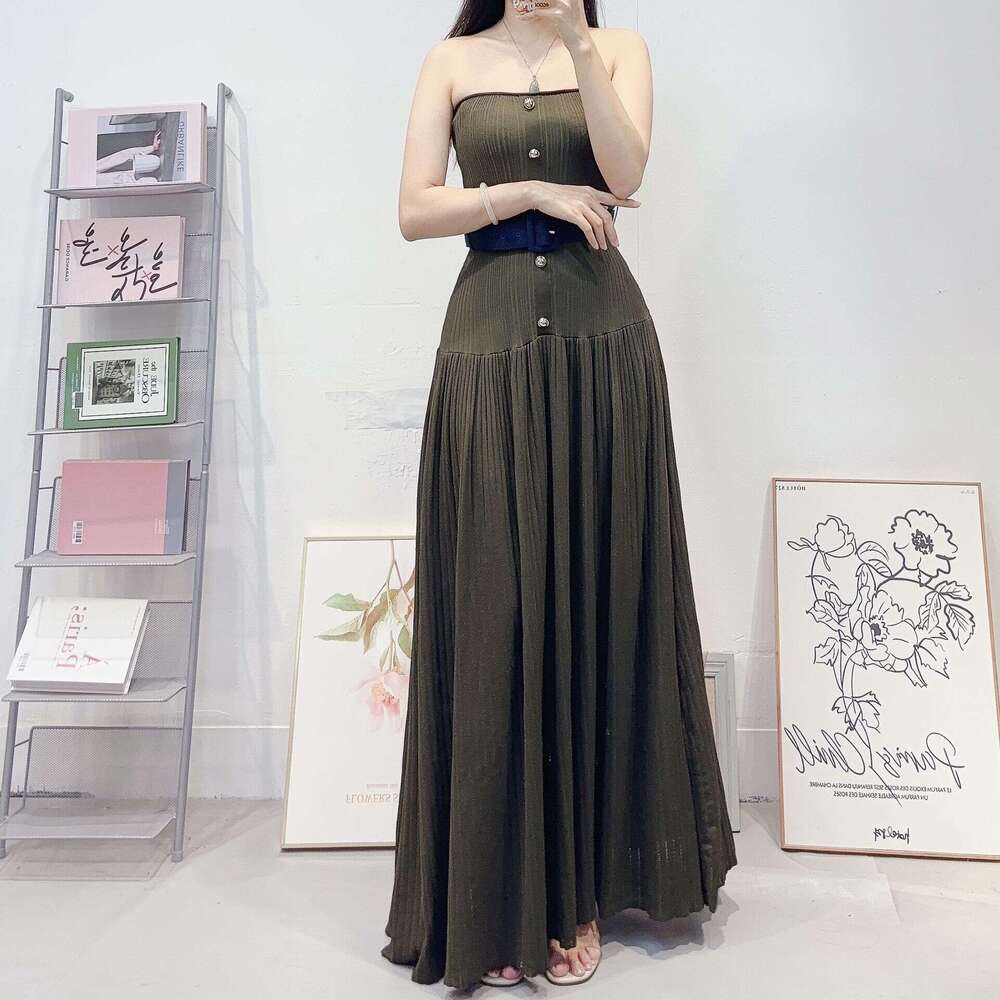 Designer high-end women's D17 French fashion social party strapless long skirt, slim fit waist belt dress