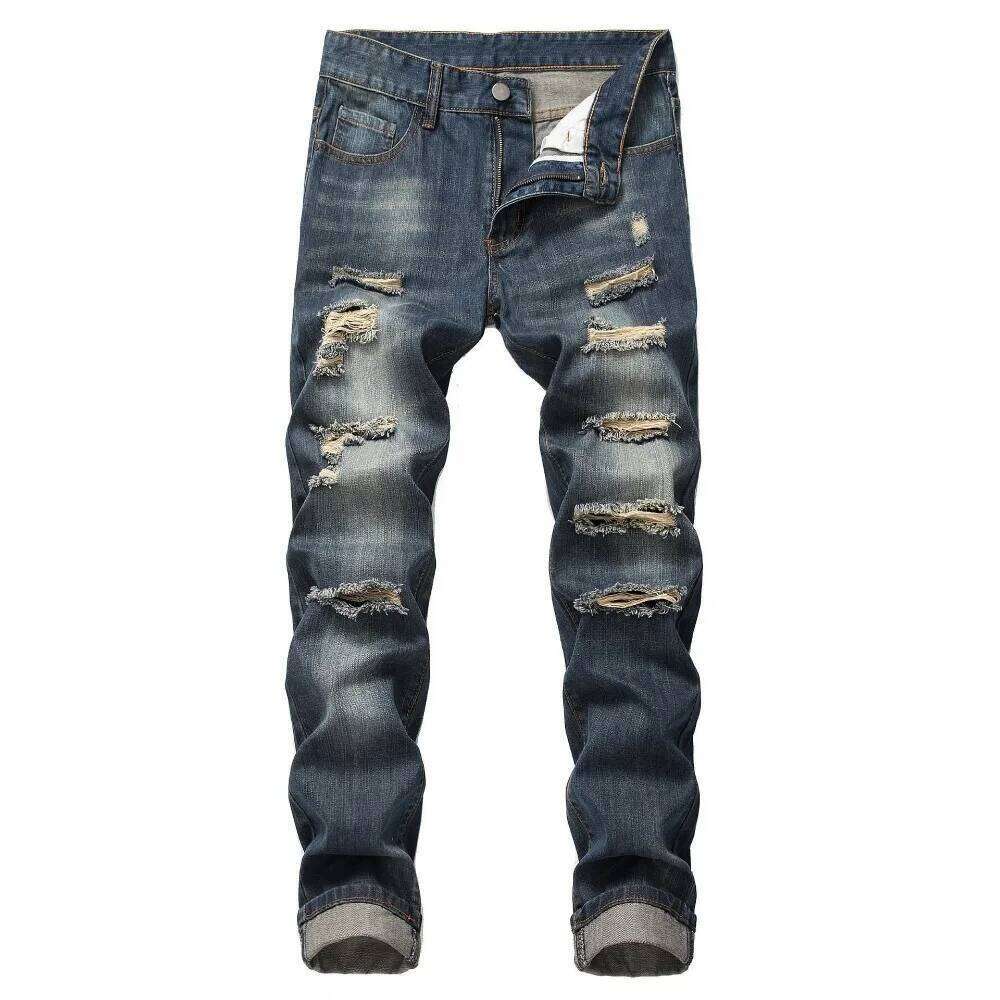 Punk Street Style Ripped Skinny Jeans Men Vintage Wash Solid Trouser Mens Casual Slim Fit Pencil Denim Holes Pants 26Y0330