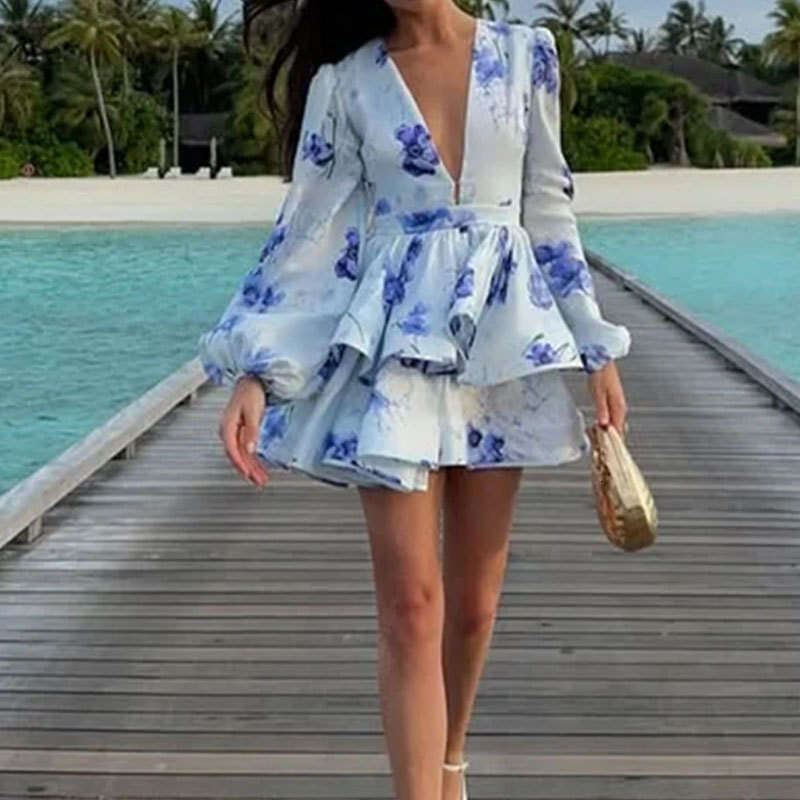 2026 Spring New Collection: Cross-Border European American Foreign Trade Women's Clothing - Elegant and Stylish V-Neck Puff Sleeve Ruffle Dress