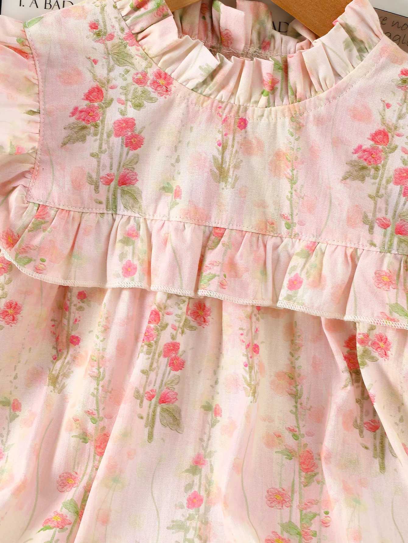 Baby Girls Pink Floral Ruffle Long-Sleeve Dress Spring and Autumn Princess Dress with Ruffled Edges Childrens Fresh Pastoral Style DressT260330