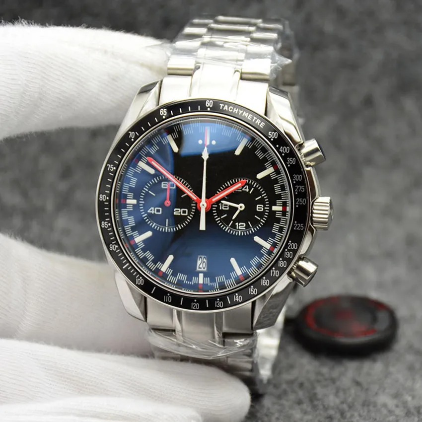 High Grade Quartz Chronograph Mens Watches Red Hands Stainless Steel Bracelet Fixed Bezel With A Top Ring Showing Tachymeter Markings