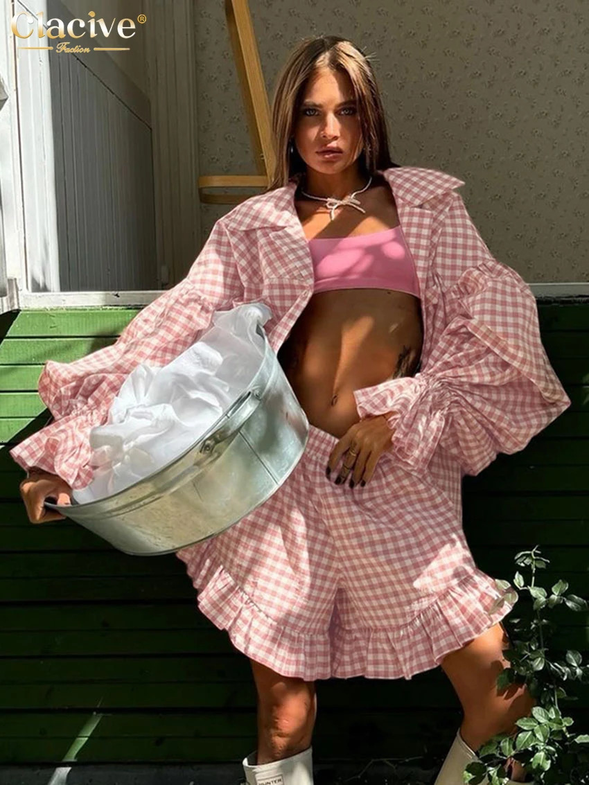 Clacive Fashion Loose Stripe 2 Piece Sets Women Outfit Elegant Long Sleeve Shirt With High Waist Ruffle Shorts Set Female 260326