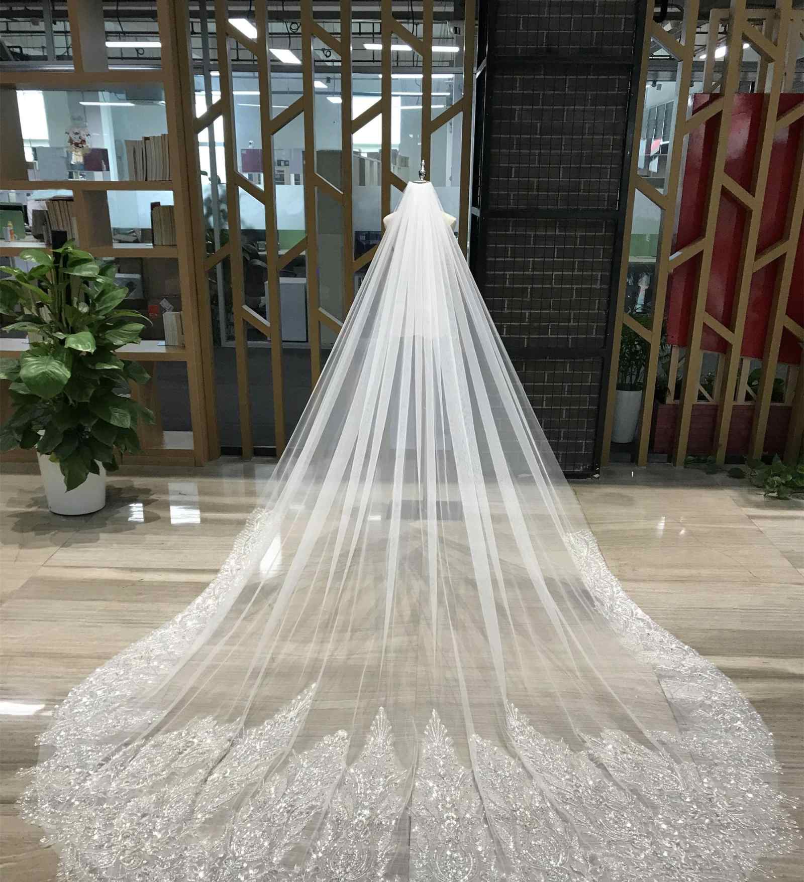 Luxury Wedding Veil Crystals Beading One Layer Cathedral Length Veils Velo De Cabeza Customized