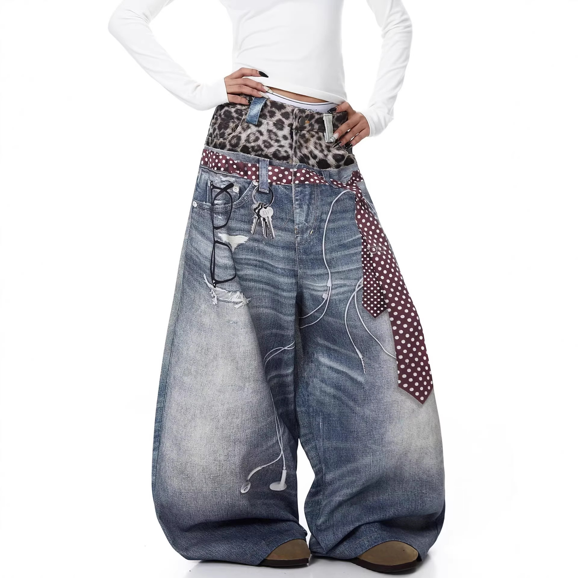 Loose Women's Denim Jeans with Leopard Print Tie Hole Punching Spring New Sle Casual Bf Wide Leg Pants Neutral Sle