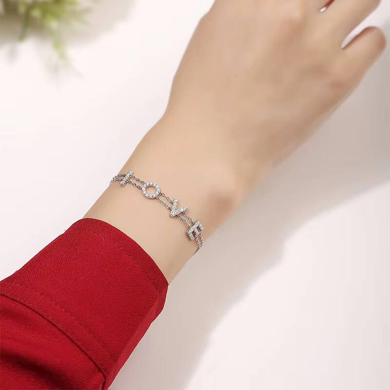 S925 Sterling Silver Moissanite LOVE Letter Bracelet Womens Light Luxury Minimalist Niche Design Cross-Border Best Seller