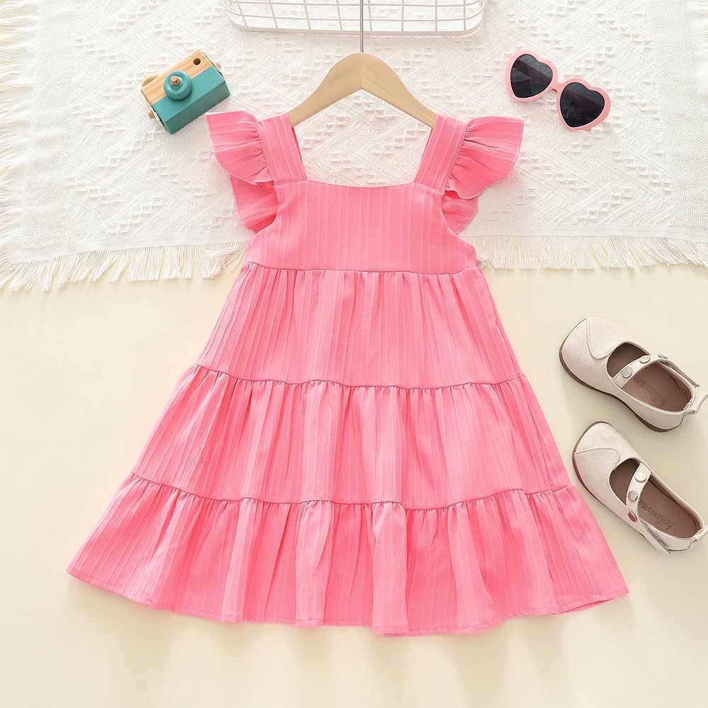 Girls Cake Princess Dress Solid Color Suspender Flying Sleeve Pink Dress Casual Kids Clothes Fashion Summer WearT260330