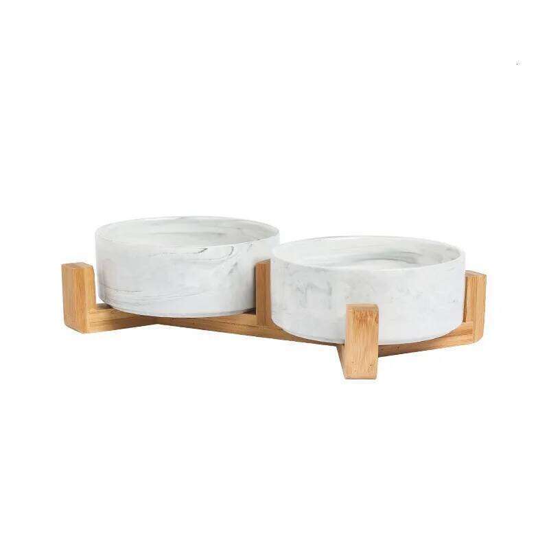 Marble-Patterned Pet with Wooden Frame Gold Edge Fashionable Creative Water Food Bowl for Dogs and Cats 26W0330