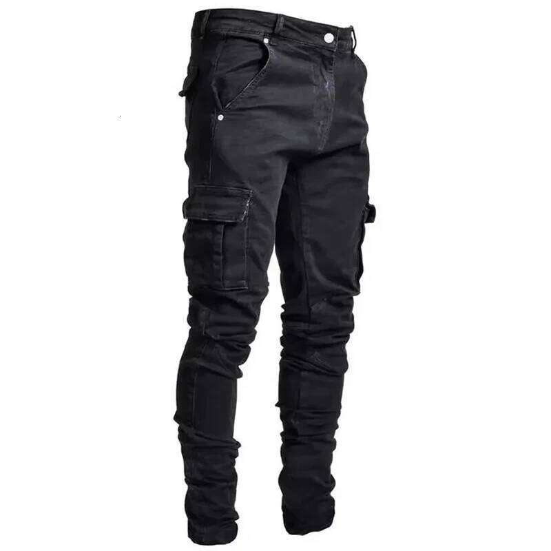 Men Street Elastic Denim Jeans Wash Solid Color Multi Pockets Cargo Pants Casual Slim Fit Daily Wear Joggers Mid Waist Trousers 26Y0330