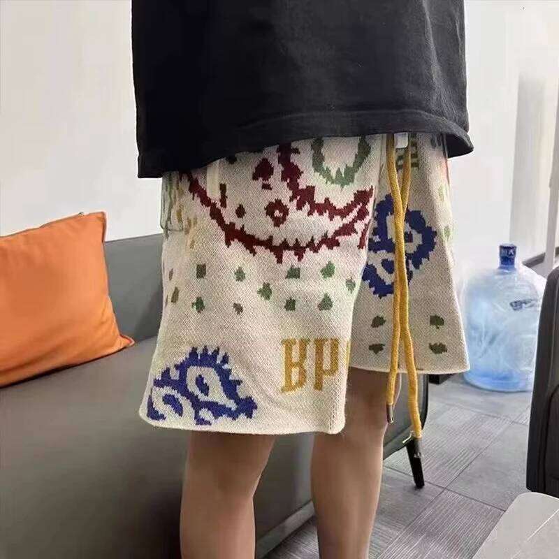 Y2k Cashew Flower Knitted Men Women Drawstring Loose Five Quarter Pant Summer American Vintage High Street Casual Shorts