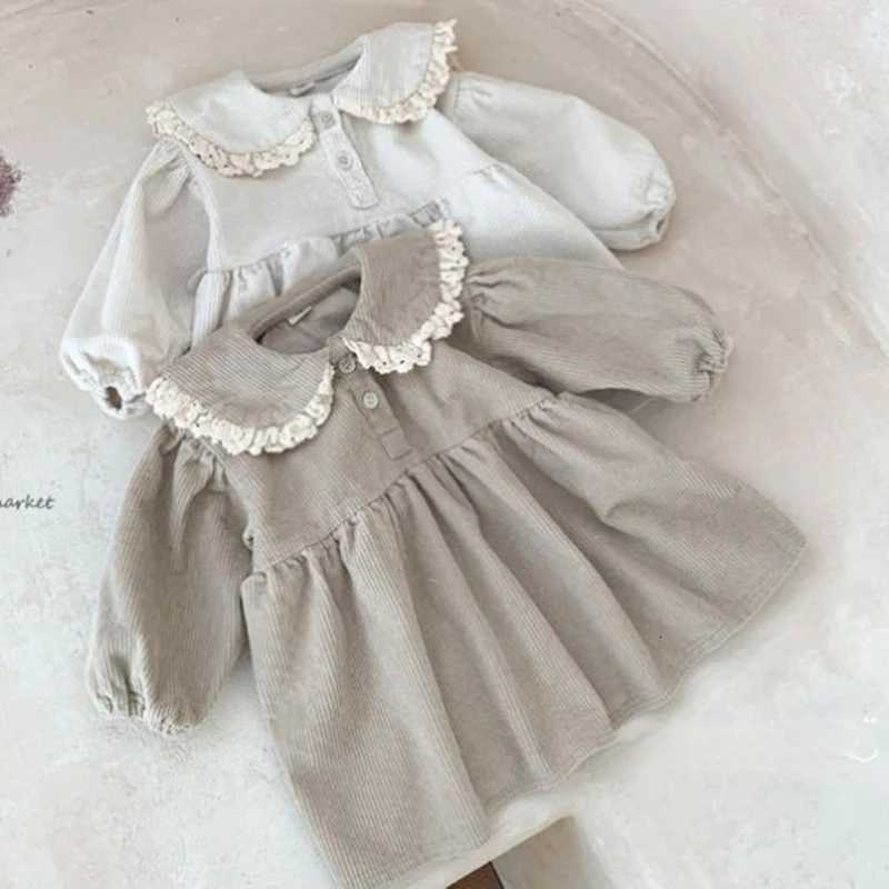 Baby Girl Corduroy Princess Dress Solid Lace Long Sleeve Dress Spring Autumn Children Retro Casual Loose Dresses Kids OutfitsT260330