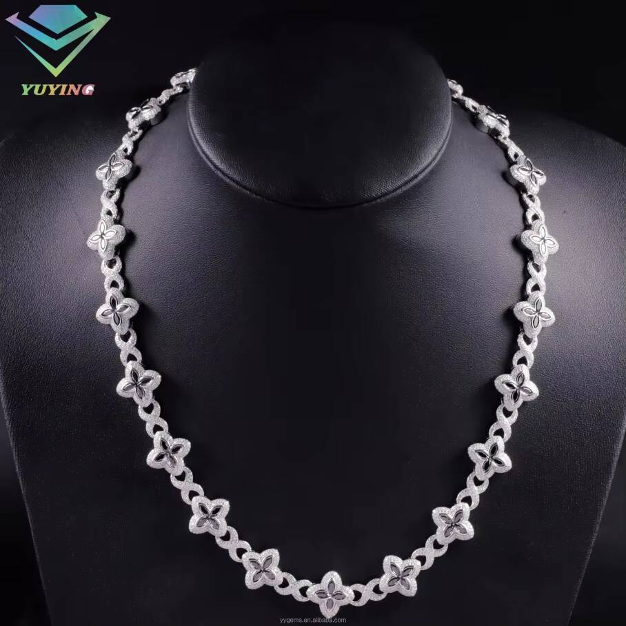 Fashion Hip Hop Jewelry Gold Plated 925 Sterling Silver Colored Moissanite Diamond Four Leaf Clover Necklace Cuban Link Chain