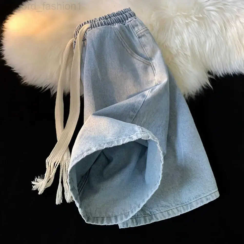 Elastic Waist Denim Trousers Mens Elastic Drawstring Denim Shorts with Pockets Casual Summer Beach Shorts Quick-drying for Men H260330