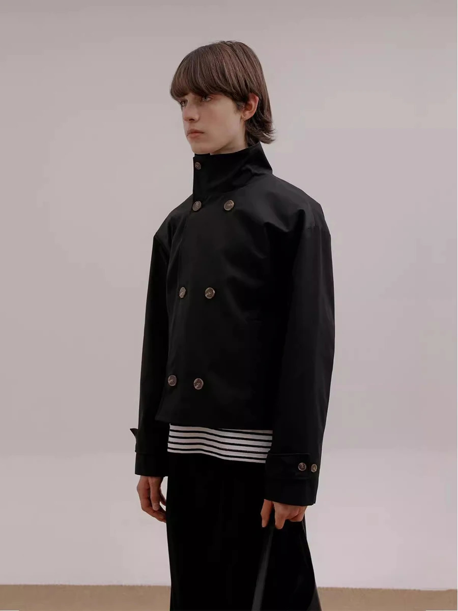 Mauroicardi Spring Autumn Khaki Short Trench Coats Man Stand Collar Double Breasted Elegant Chic Clothes 260327
