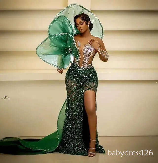 Aso Ebi Arabic Dark Green Mermaid Prom Dress Stylish Crystals Evening Formal Party Second Reception Birthday Engagement Gowns Dresses Robe De Soiree Z