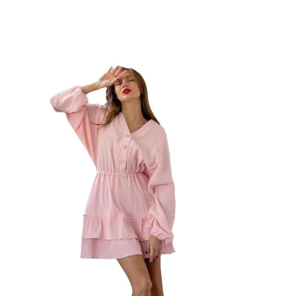 20264 European and American cross-border summer new product, solid color long-sleeve dress, elegant V-neck slimming A-line dress