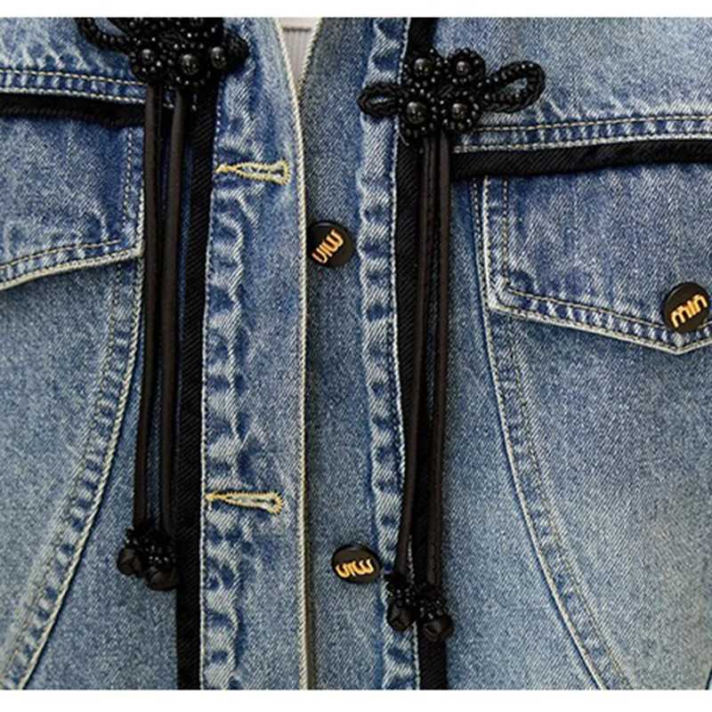 New 2025 Spring Denim Coat And Jacket Women Patchwork Color Chinese Style Tie Long Sleeve Blue Jeans Jackets OutwearT260328