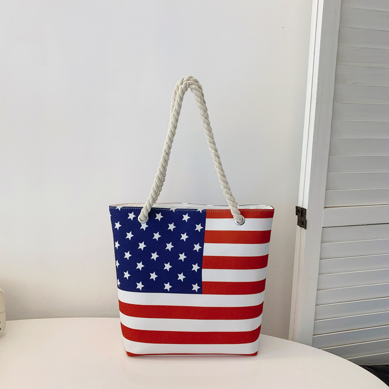 TB BHULAMTE Designer Luxury New Canvas Striped Print Shoulder Bag, Fashionable Korean-style Soft Tote Bag With American Flag Pattern, Casual Tote