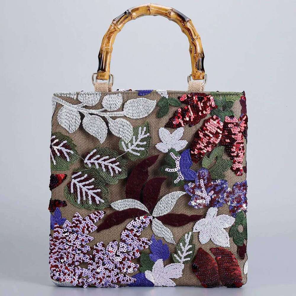 Chinese Embroidery Bamboo Handle Embroidery Shopping Bag Retro Ladies Lace Weaving Tote Colorful Sequins Cotton Linen Woven Handbag With Inner Bags Cl