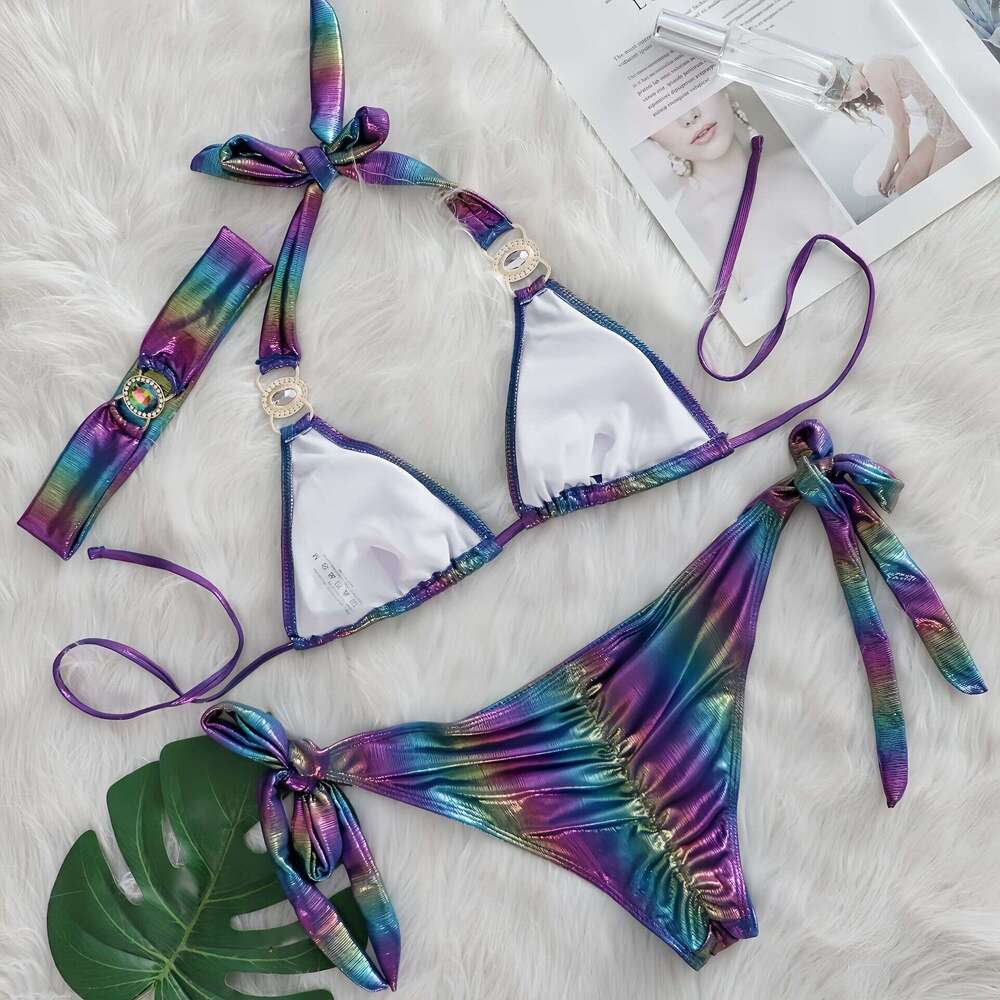 Women's Designer Swimsuit Suit Halter Neck Swimsuit Three Piece Suit with Rhinestones Swimsuit+Swimming Trunks+Hairband Sexy Suit Seaside Beach B