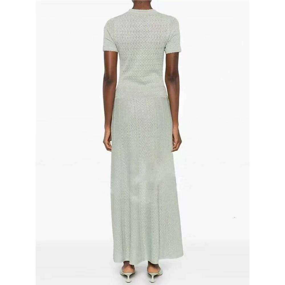 Spring Summer New Fashion Temperament Knit Long Dress Women Elegant Pearl Button O-Neck Short Sleeve Slim Robe Ladies Mdng260330