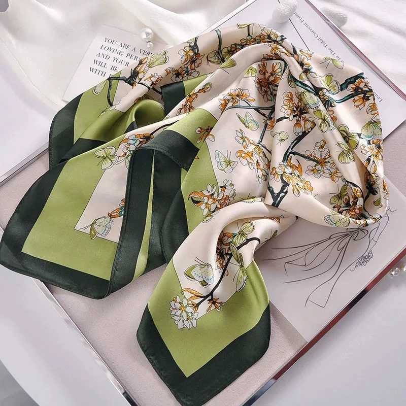 70cm Green Floral Butterfly Scarf Womens Imitation Silk Fresh and Versatile Thin Silk Scarveshigh-end Headscarf Neck Scarf Z260330