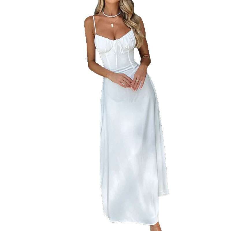 2026 Spring New Collection: Cross-Border European American Foreign Trade Women's Clothing - Elegant and Sexy Solid Color Spliced Strap Long Dress