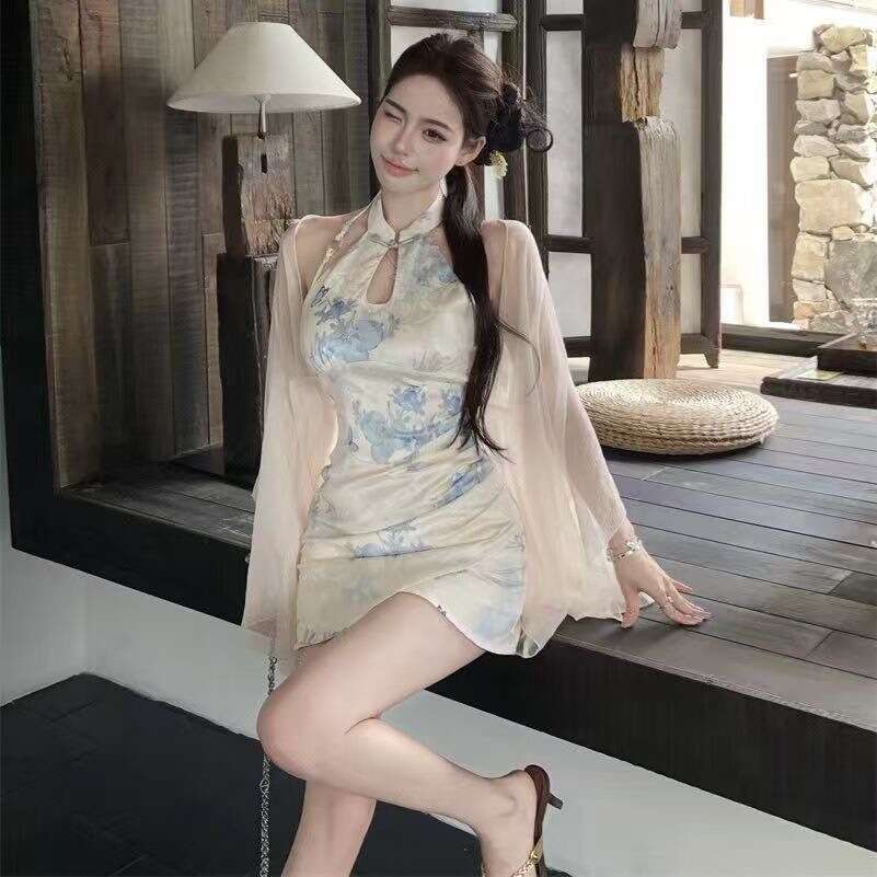 New Chinese Style Cool Feeling Printed Sleeveless Improved Cheongsam For Women Elegant Socialite Vintage Super Fairy Bodycon Short Dress Qipao Hanfu S