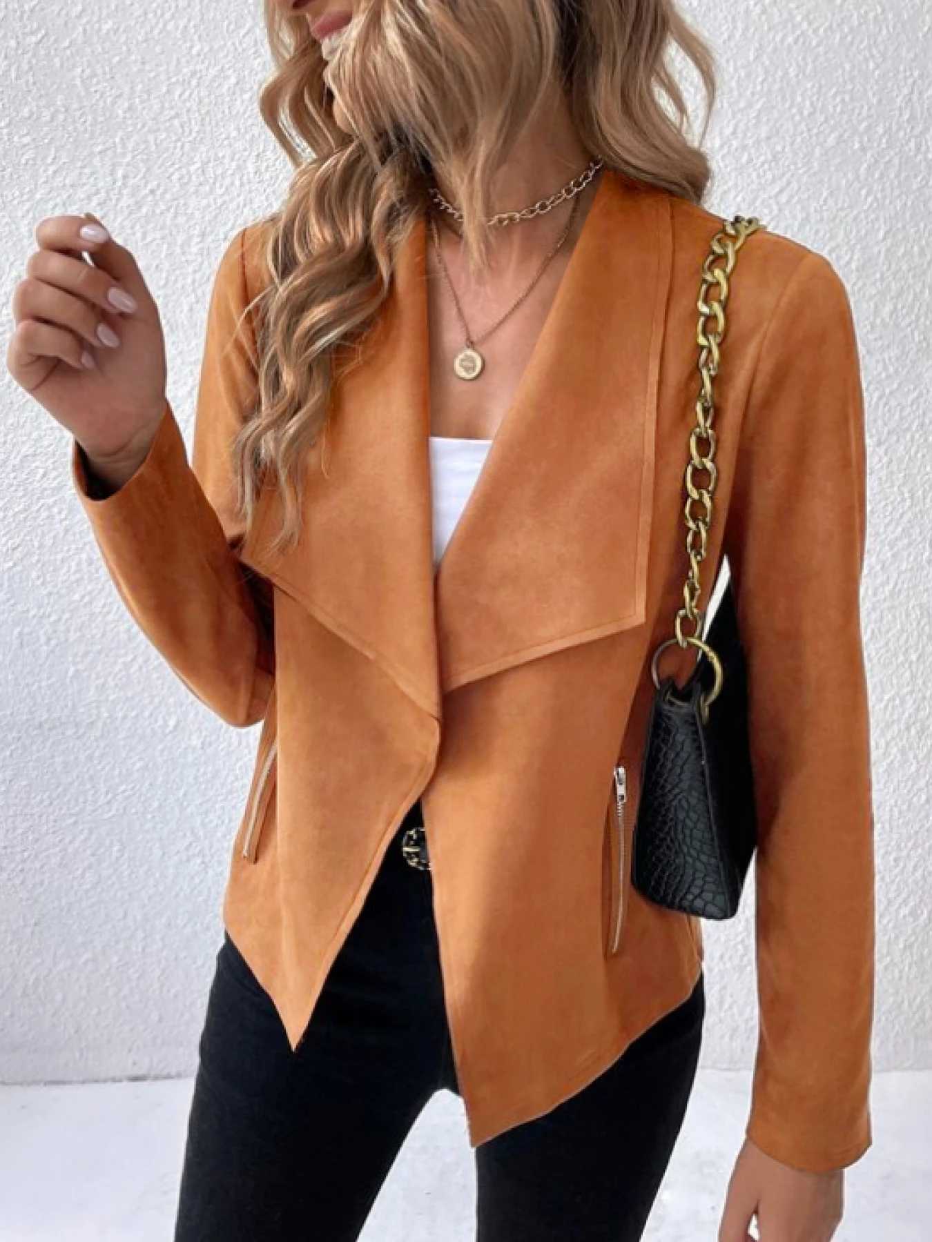 A womens caramel imitation suede lapel irregular hem short jacket light and mature commuter style thin suitT260328