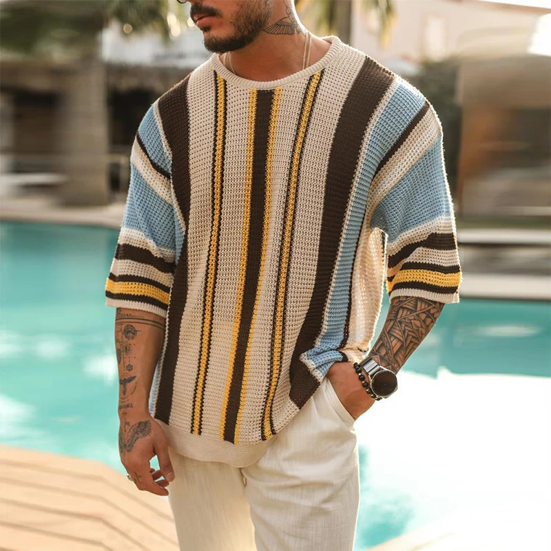 Beach Casual Breathable Hollow Out Knitted Tops Men Summer Jumpers Fashion Striped Crochet Knitting T-shirt Vintage Mens Clothes 260327