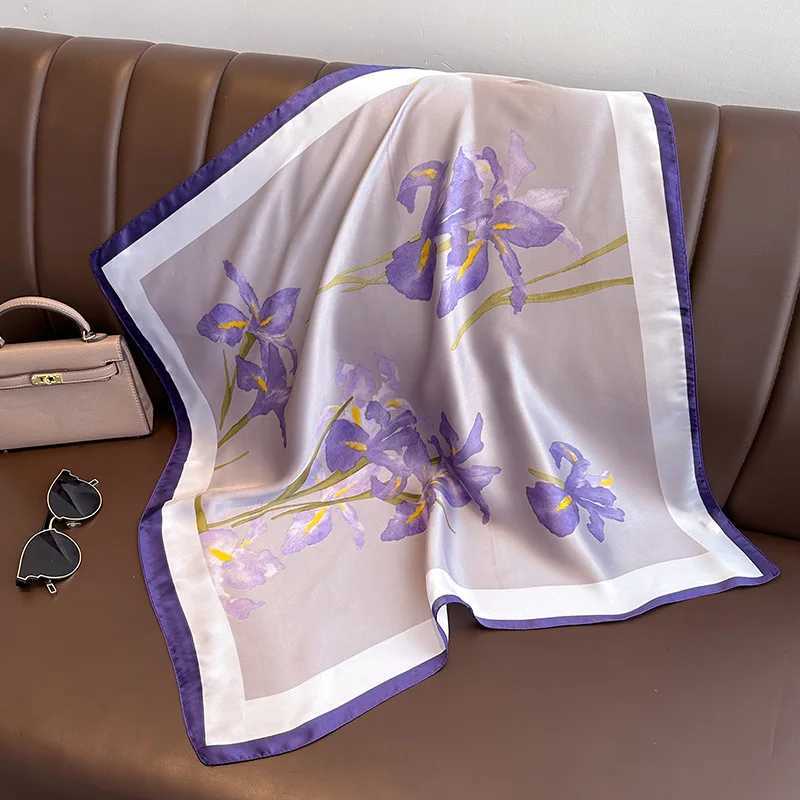 Purple Luxury Floral Print 70cm Silk Square Scarf Wen Soft Satin Hairband Hands Bag Ribbons Foard Neckerchief band Hijab X260328