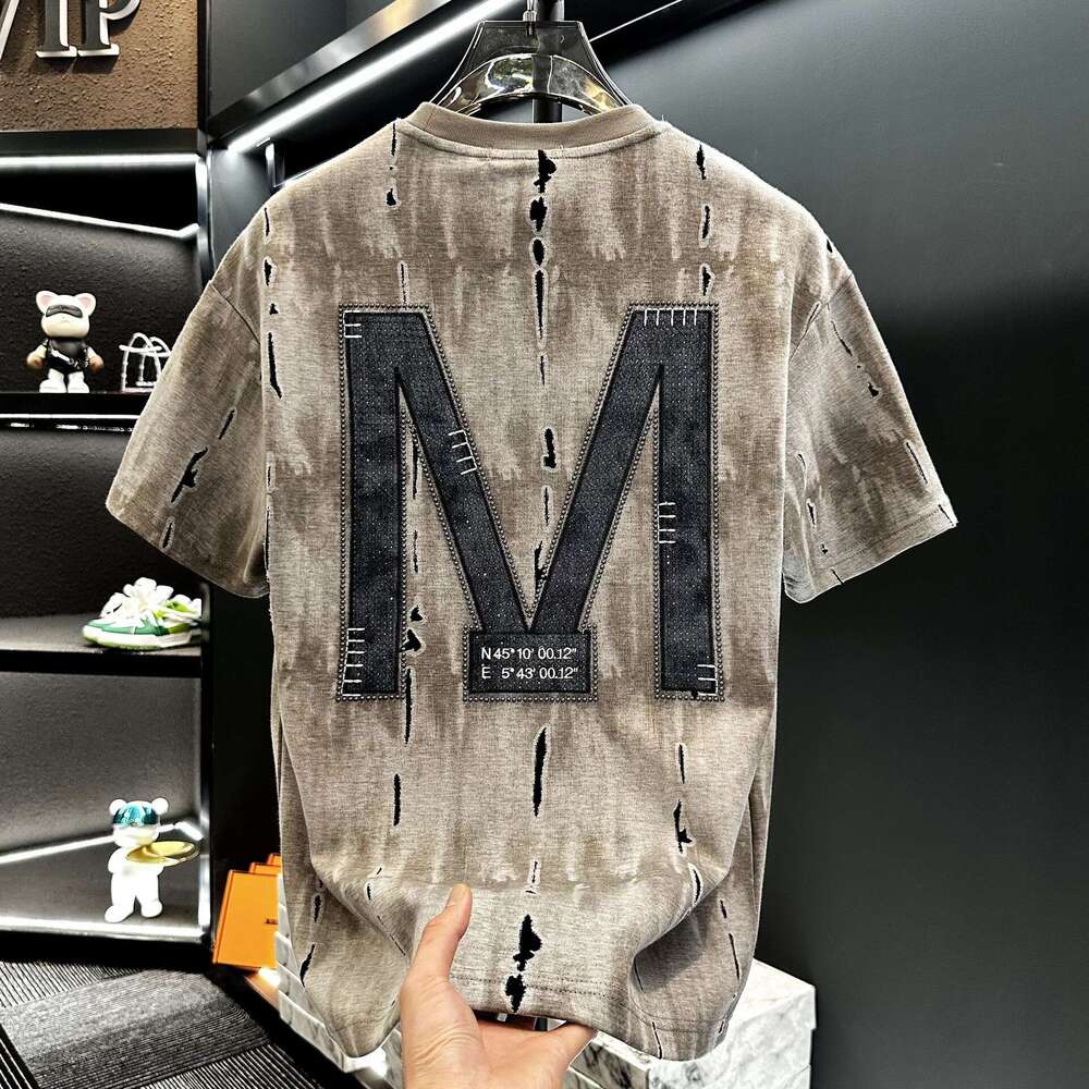 European men's high-end letter-printed rhinestone distressed short-sleeve t-shirt, trendy brand, luxury new summer half-sleeve top