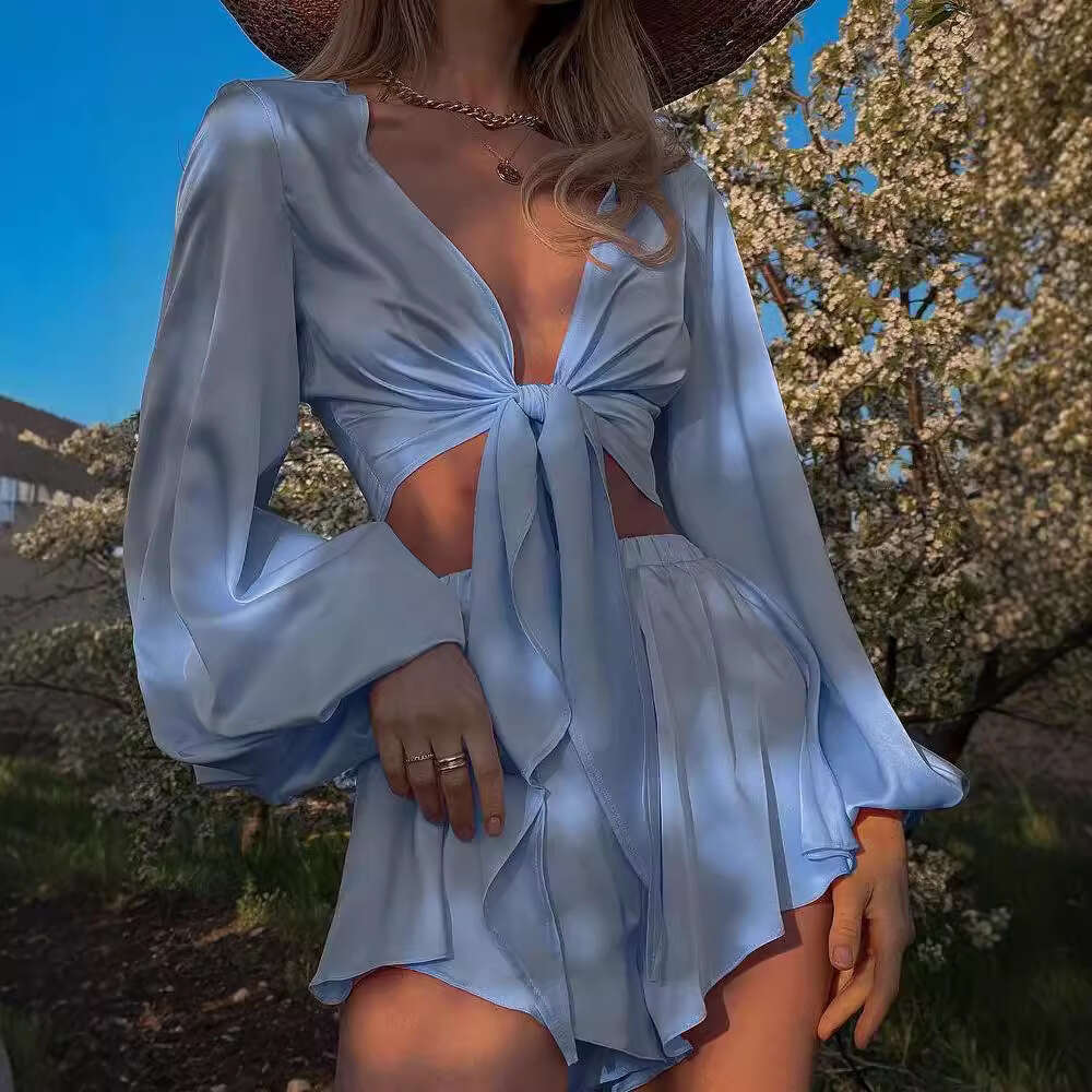 European American 2026 new cross-border lace-up sexy French long-sleeve top and shorts set for women