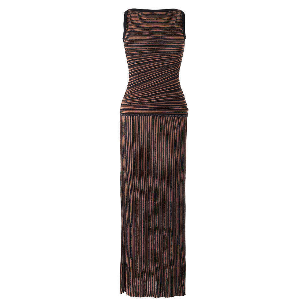 In stock~Color-blocked colorful shiny silk knitted striped sleeveless vest A10 + half skirt two-piece set, hot-selling on cross-border e-commerce