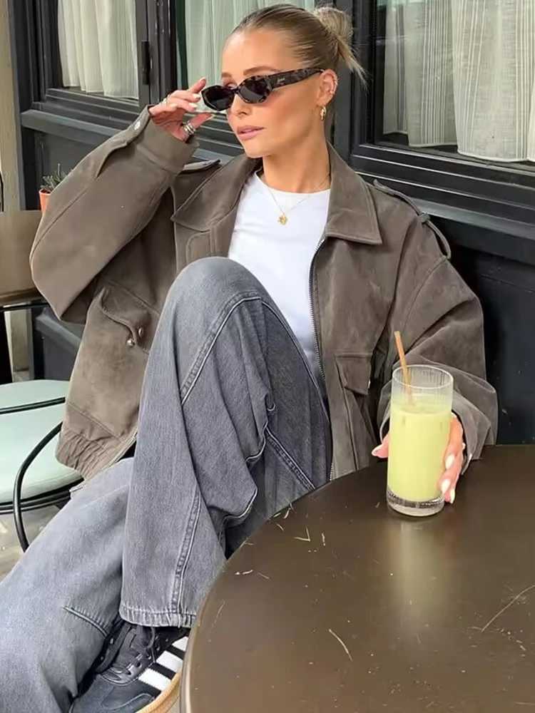SLTNX Womens 2026 Spring and Autumn Elegant Coat Retro Lapel Zipper Long Sleeve Pocket Coat Ladies CoatT260328