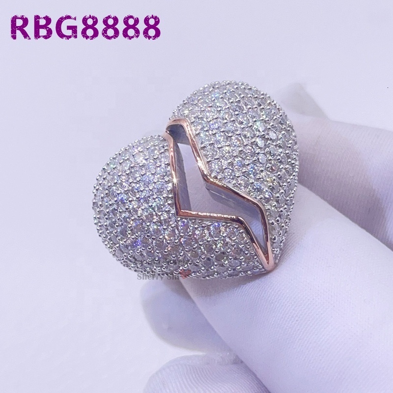 Hot Sell Drop Shipping White Gold Iced Out GRA Moissanite Diamond Heart Broken Iced Out Ring Hip Hop