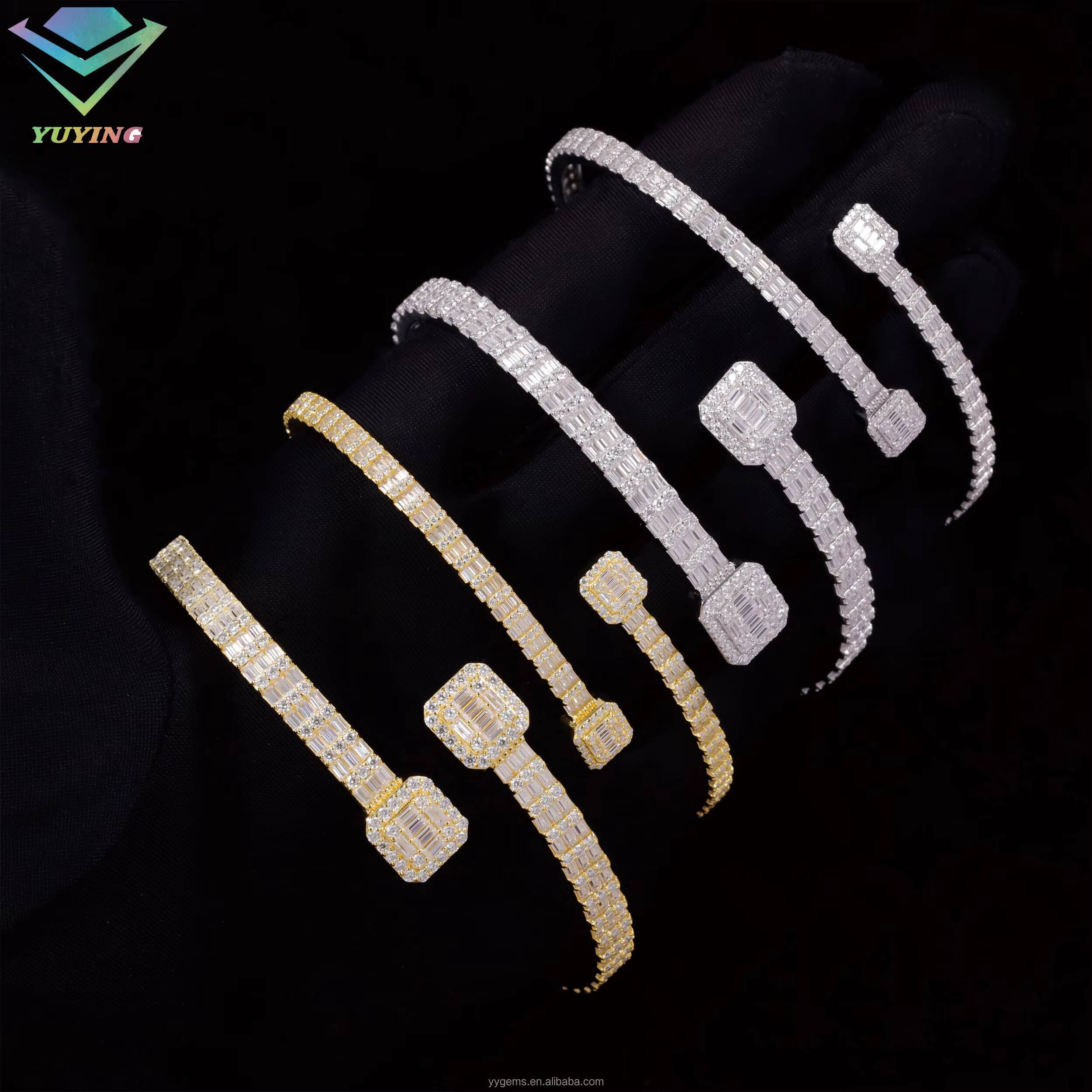 New Arrival Fashion Design S925 Silver 18k Gold Plated VVS Moissanite Baguette Diamond Cuban Link Bracelet with GRA Certificate