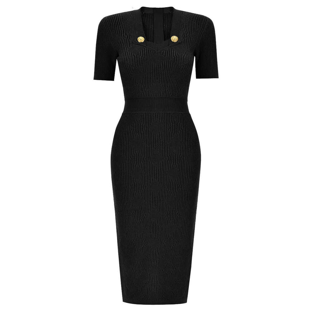 Spring and summer new designer short f23 sleeved slim fit mid length knitted long skirt simple and elegant layered dress