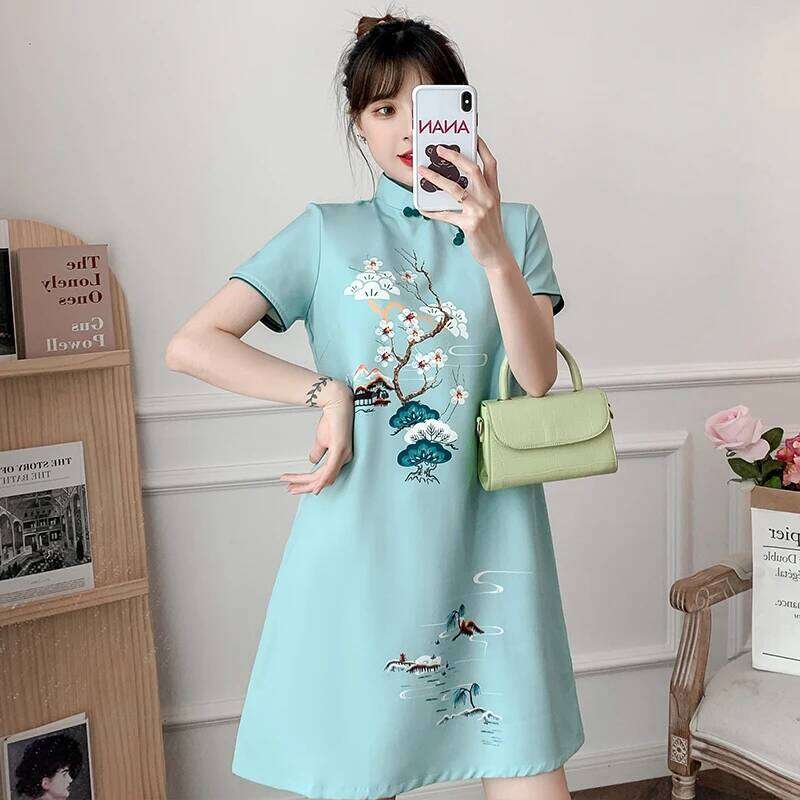 Plus Size M-4Xl 2021 New Blue Loose Fashion Modern Cheongsam Dress Women Short Sleeve Qipao Traditional Chinese Style Clothes MAKOUFEI