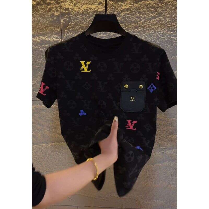 Print Design Letter Patchwork Color-Block Niche Loose Black High-End T-Shirt Short Sleeve Spring Summer Asia Size