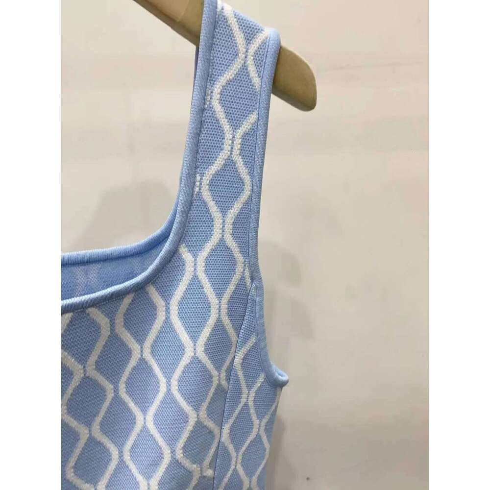 Women's Geometric Jacquard Knit Tank Dress Sweet High-Waisted Blue Or Black Sleeveless A-Line Short Robe Mdng260330
