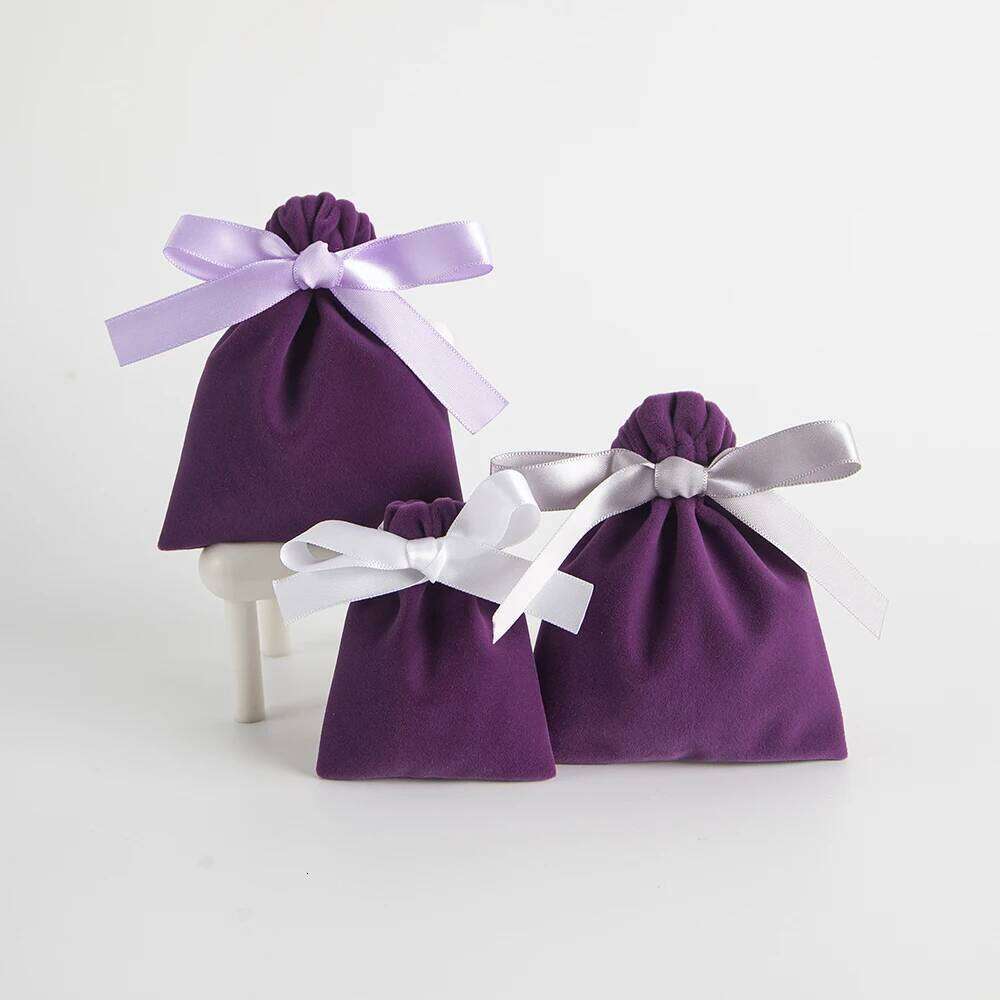 10Pcs Bulk Purple New Jewelry Gift Candy Display Packing Storage Bags For Wedding Travel Drawstring Dust Velvet Ribbon Pouches