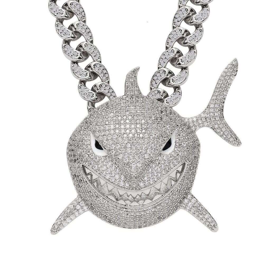 American-Style Niche Shark Pendant With Pink Micro-Inlaid Zircon, Exaggerated And Unique Hip-Hop Men's Non-Fading Cuban Chain